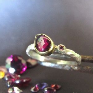 Red Garnet Sterling Silver Ring | 18K Gold Accent | Handmade Vintage Style